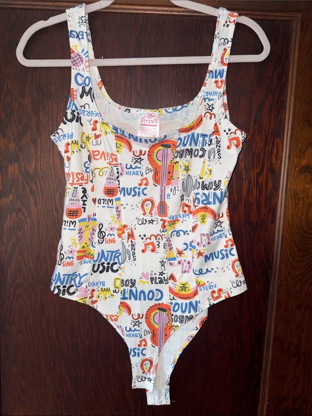 White Graphic Bodysuit with Multicolor Music Print